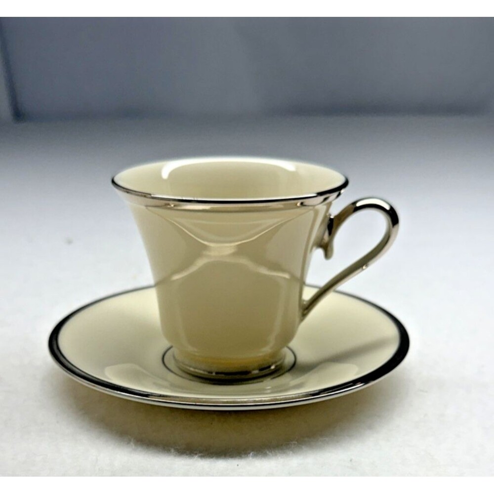 Lenox Solitaire Tea Cup & Saucer Ivory Fine China Platinum Trim Made USA